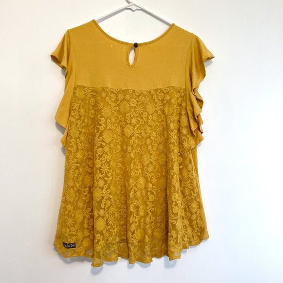 MATILDA JANE Bocce Ball Lace Accent Top Mustard Yellow Lace Back Short Sleeve M - Picture 14 of 16